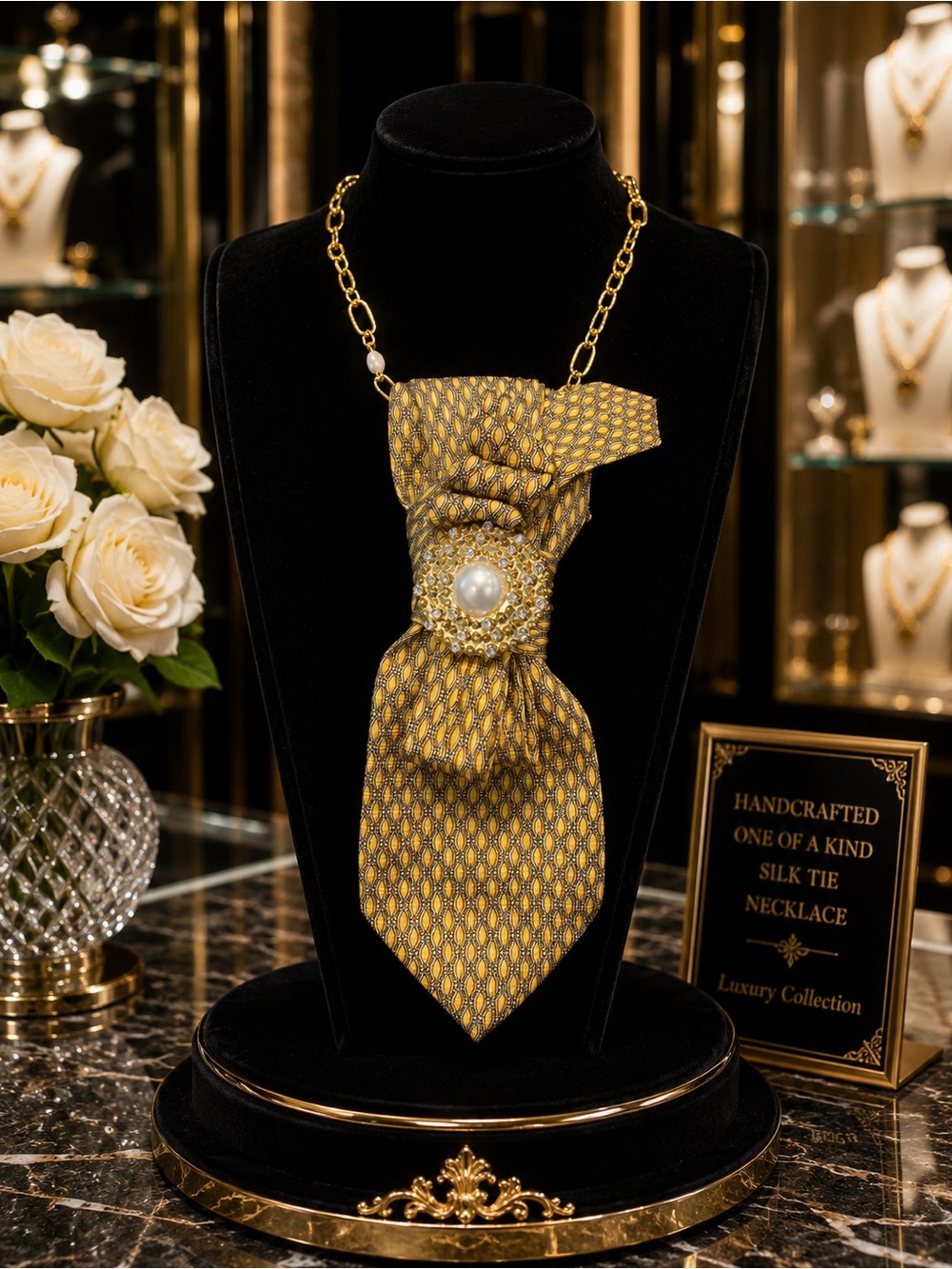 Handcrafted Silk Tie Necklace Gold Pearl Statement Wearable Art OOAK